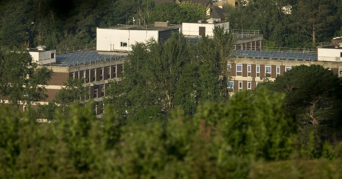 Rooftop solar panels on the buildings of North Devon District Hospital, surrounded by trees
