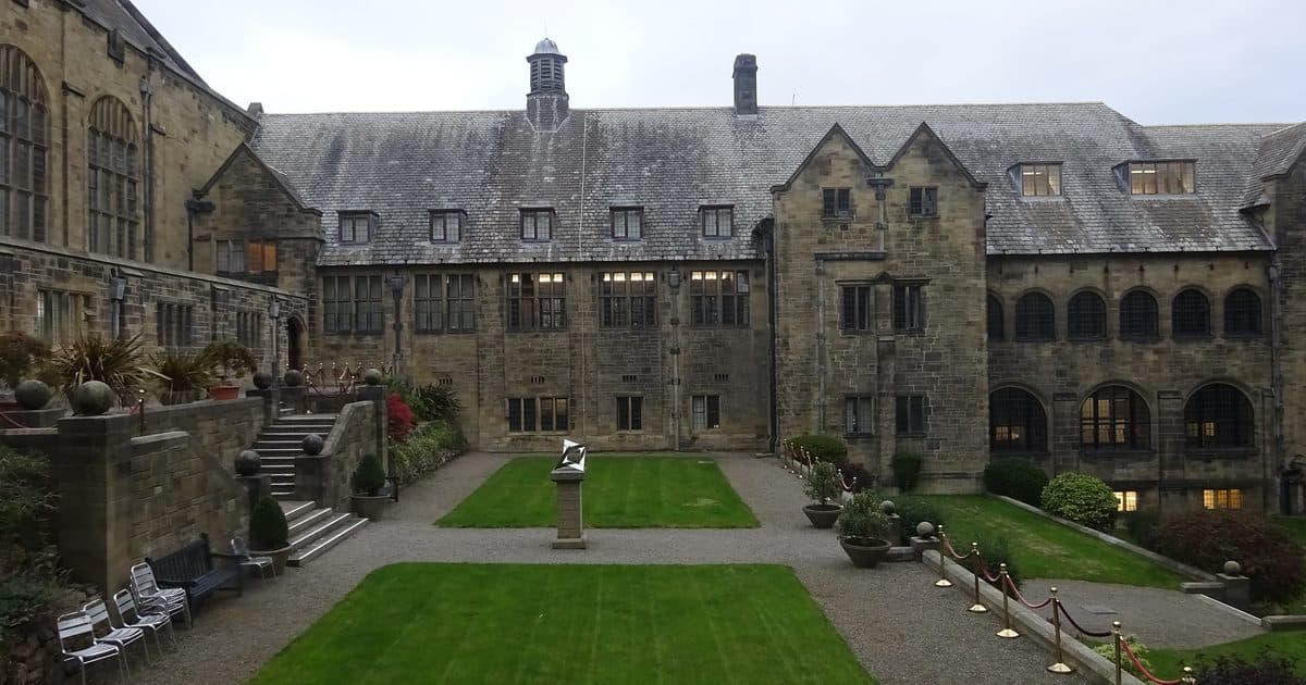 Quadrangle garden inside the Main Arts Building at Bangor University, Bangor, north Wales
