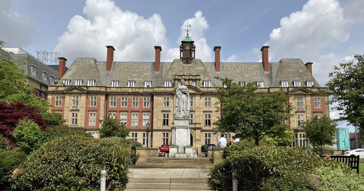 Peacock Hall and the Queen Victoria statue at the Royal Victoria Infirmary, Newcastle upon Tyne, next to Newcastle University Medical School
