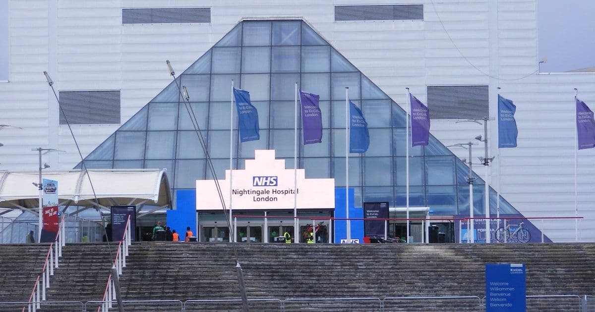 The entrance to NHS Nightingale Hospital London at the ExCeL centre in March 2020, a temporary hospital built during the Covid-19 pandemic